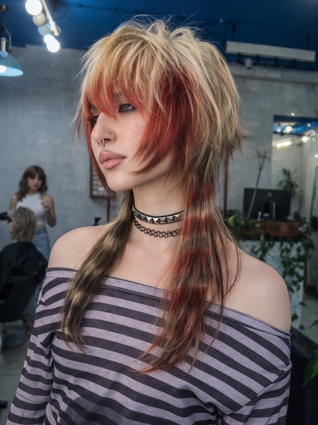 Shaggy Mullet With Cherry Red Streaks