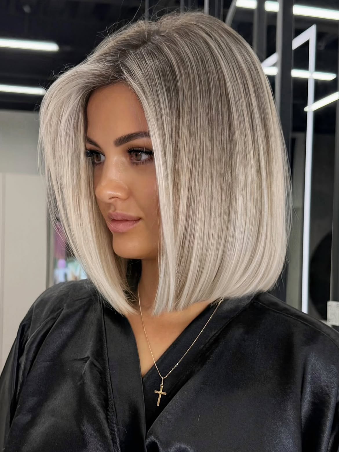 Sharp Platinum Blonde A-Line Bob With Subtle Face Framing