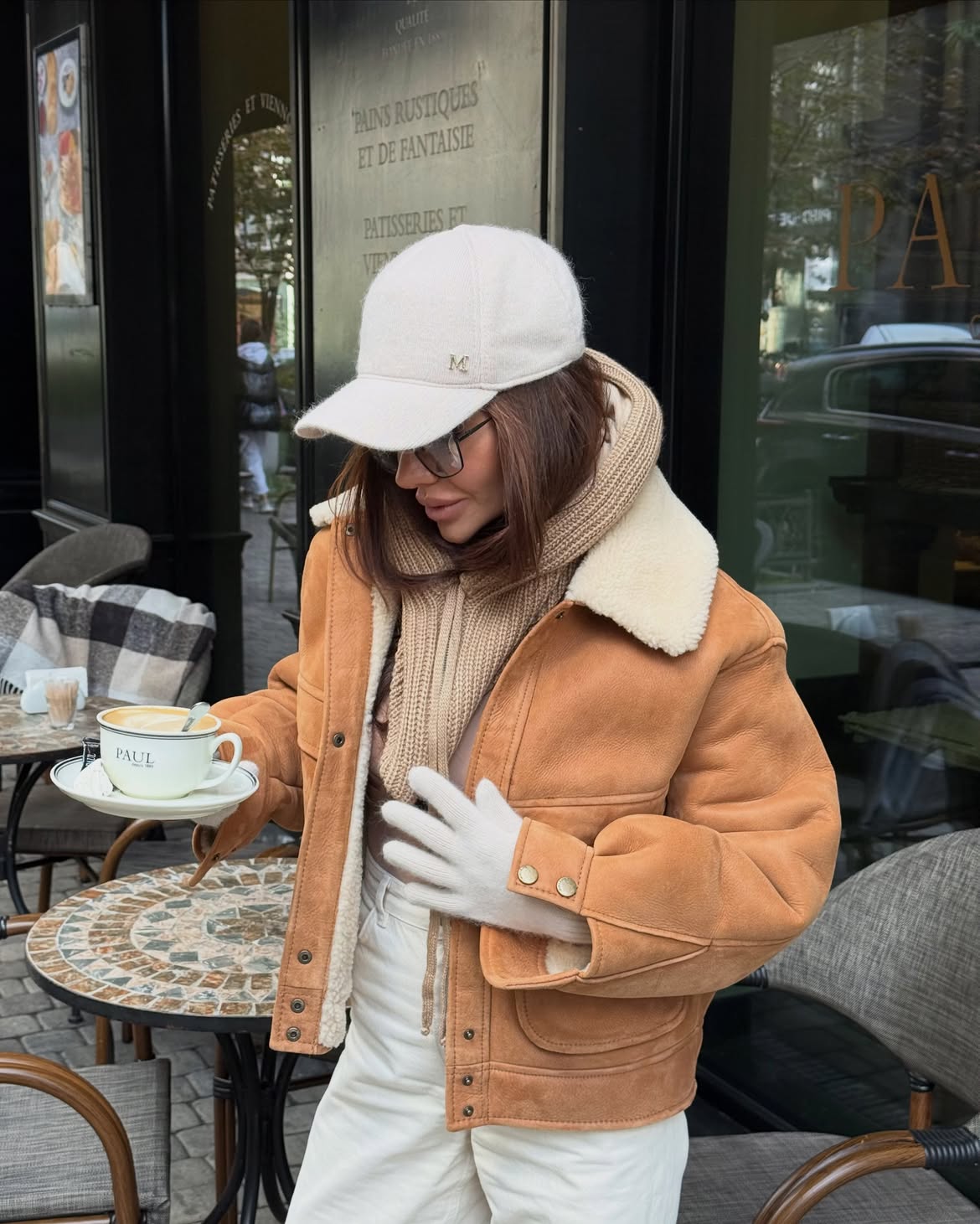 Shearling Jacket With Cream Knit And White Jeans