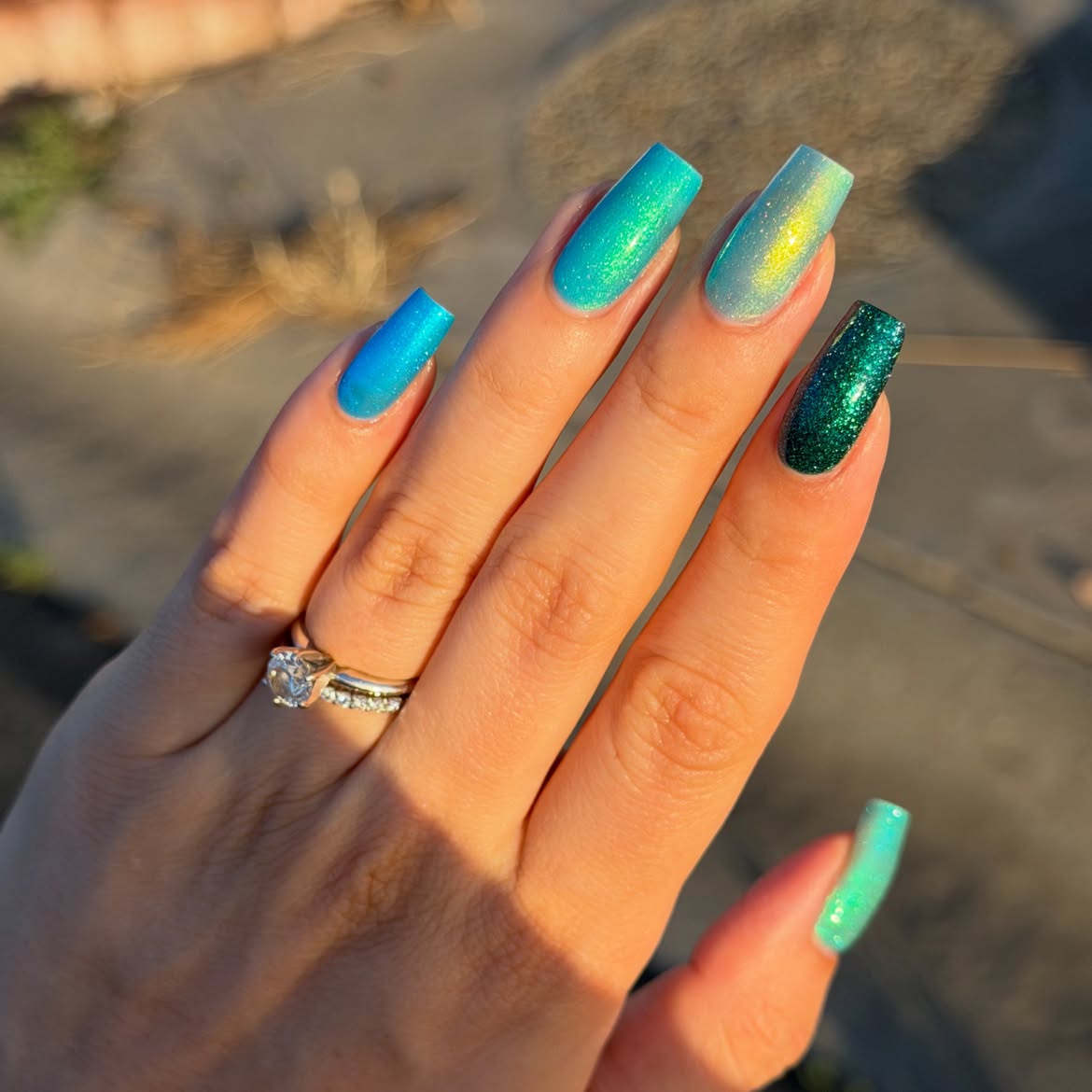 Shimmering Teal And Emerald Gradient Square Nails