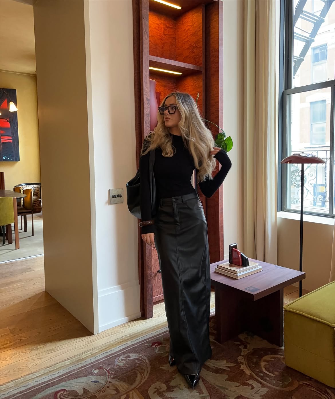 Sleek Faux Leather Maxi Skirt And Black Turtleneck