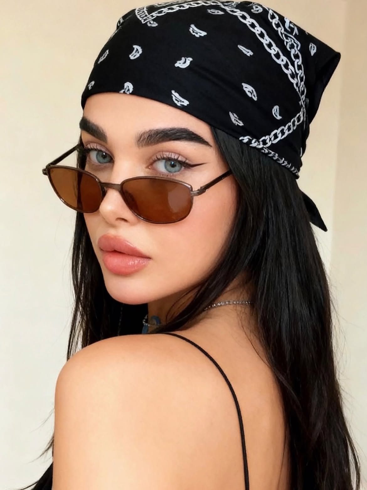 Sleek Jet Black Hair With Printed Bandana