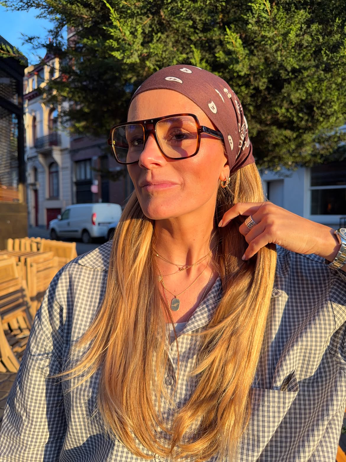 Sleek Long Hair With Printed Cotton Bandana