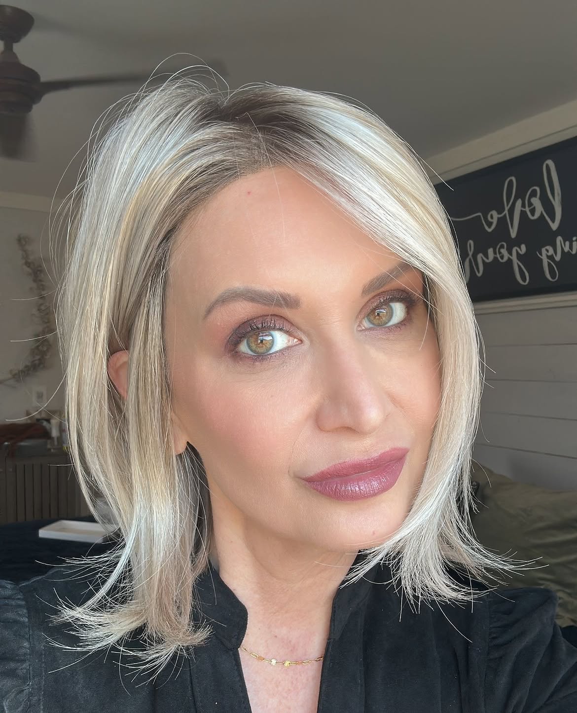 Sleek Platinum Blonde Bob With Shadow Root