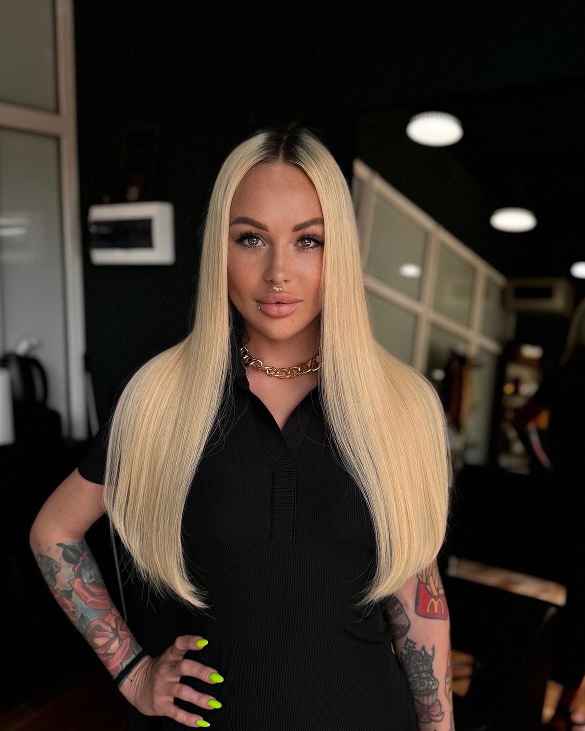 Sleek Platinum Blonde Mid Back Length Hair