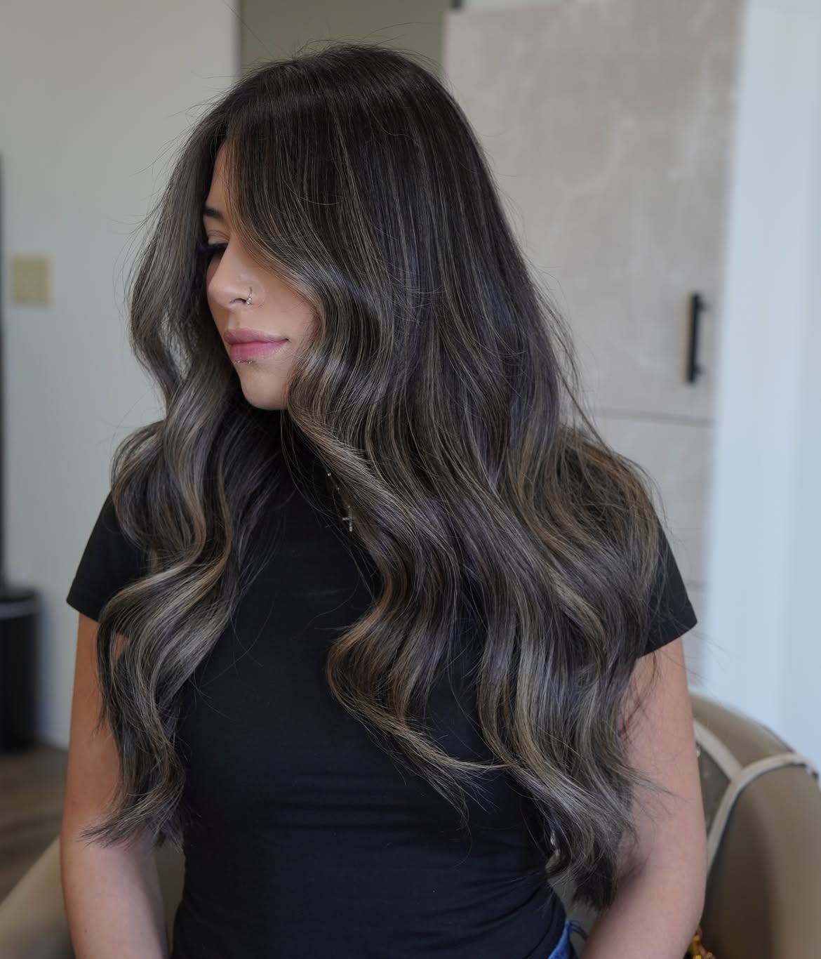 Smoky Ash Balayage On Dark Wavy Hair