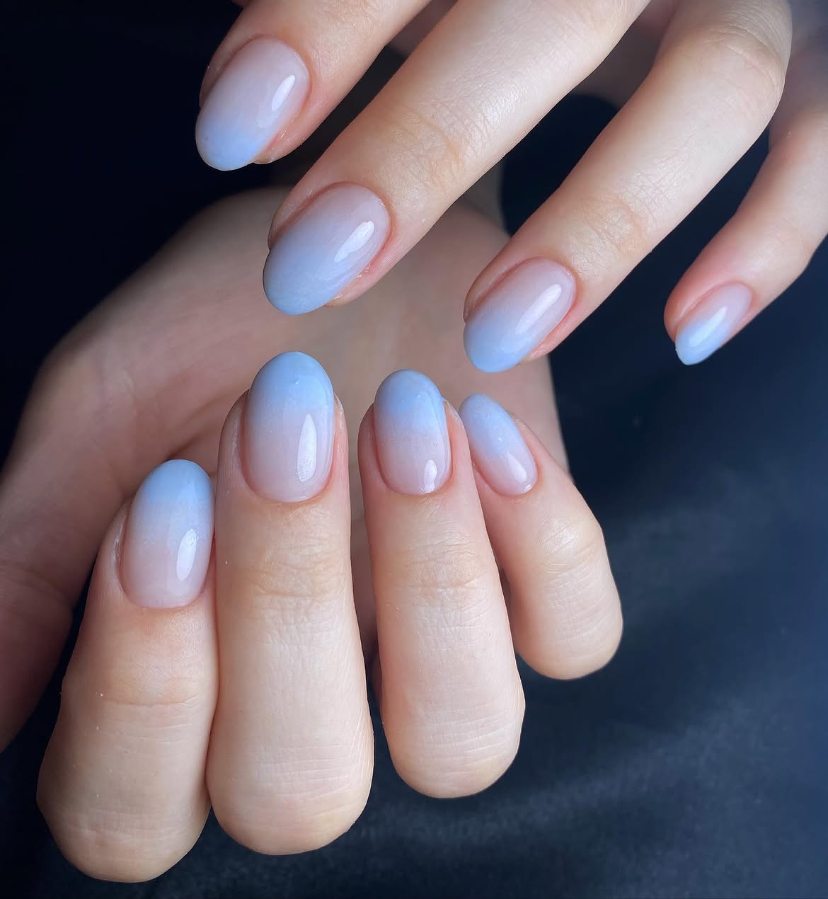 Soft Blue Ombre Oval Glossy Nails