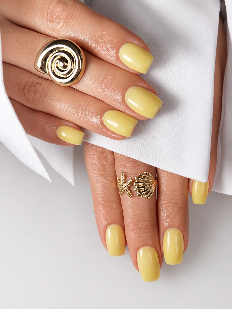 Soft Butter Yellow Glossy Short Nails