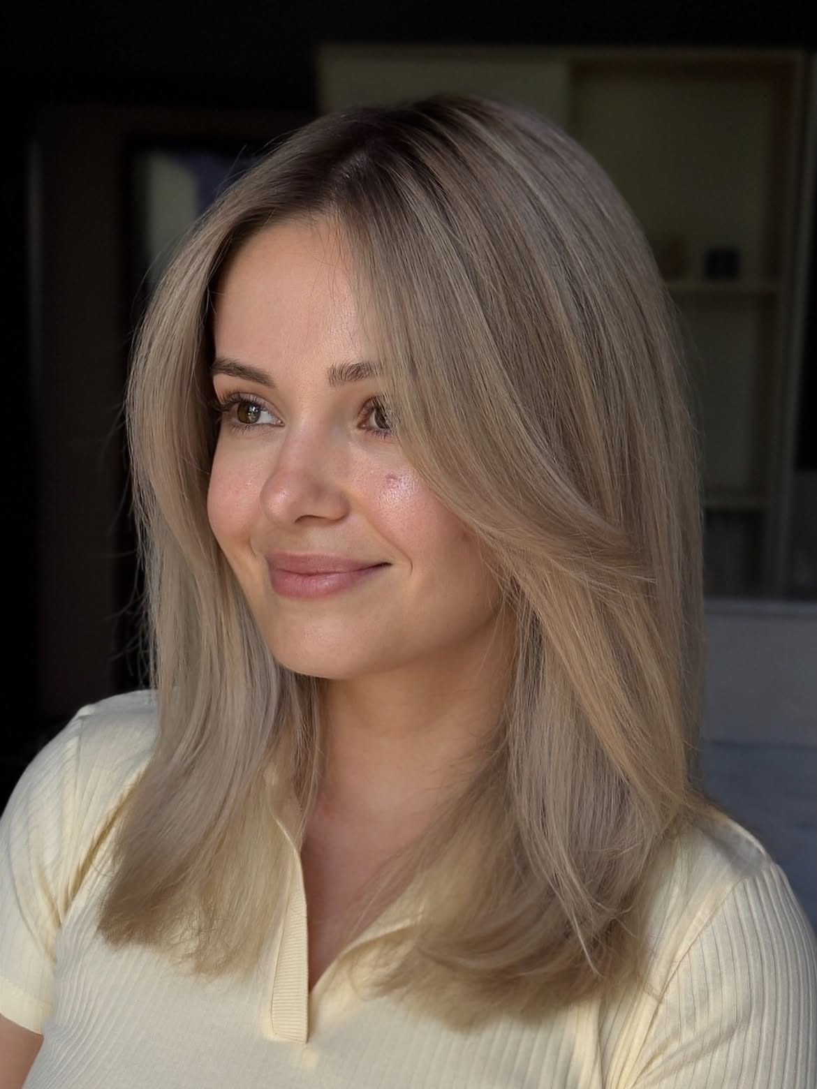 Soft Curtain Bangs On Ash Blonde Lob