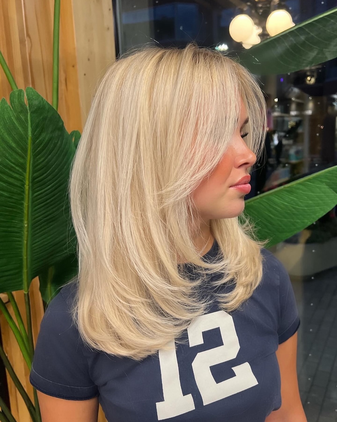 Soft Layered Blowout On Creamy Platinum Lob