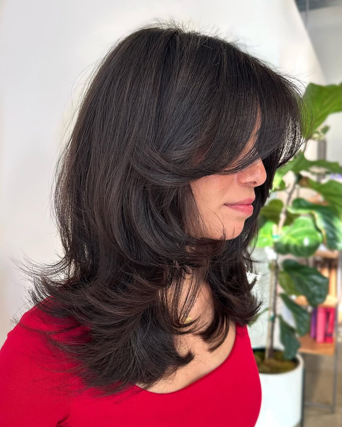 Soft Layered Butterfly Cut On Espresso Collarbone Hair