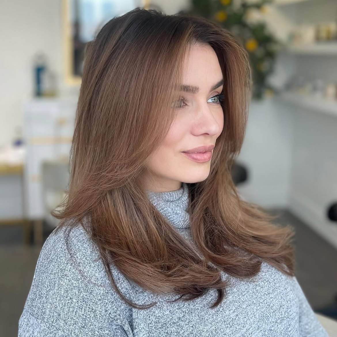 Soft Layered Waves With Mushroom Brown Balayage