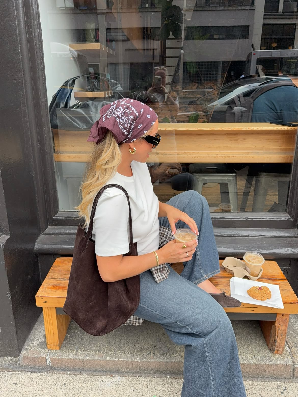 Soft Wavy Blonde Ponytail With Burgundy Bandana