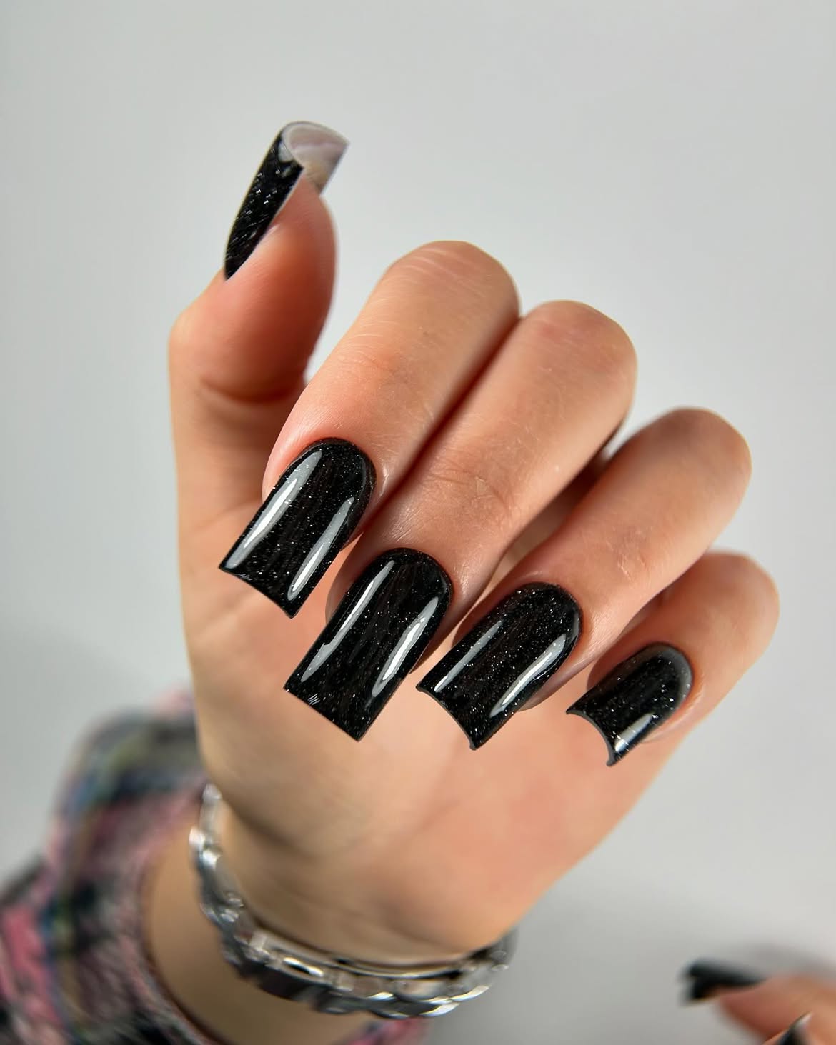 Sparkling Black Glitter French Tip Square Nails