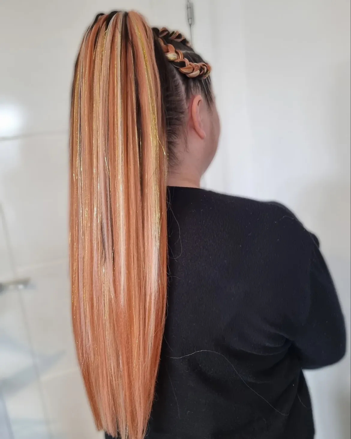 Sparkling Peach High Ponytail With Crown Braids