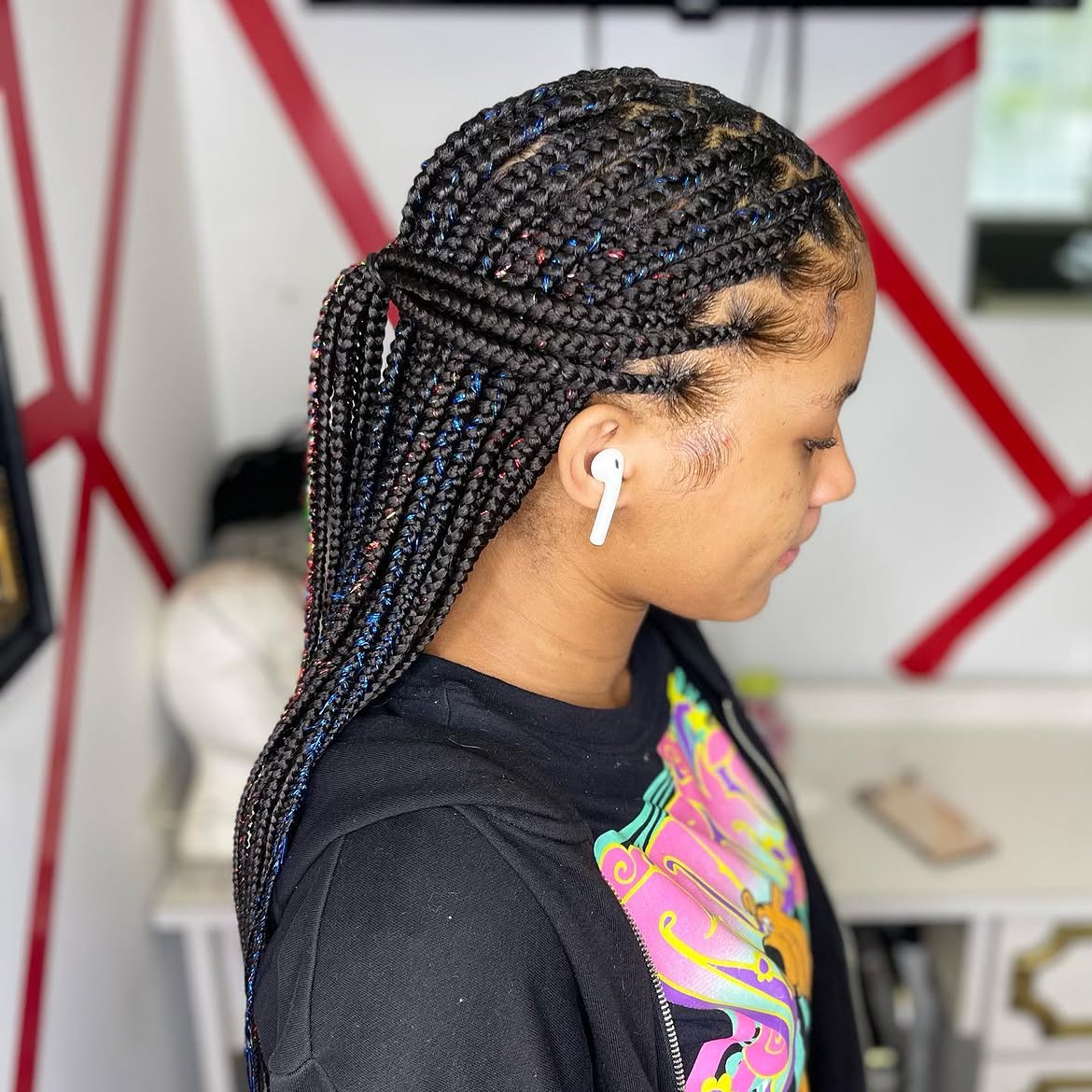 Sparkling Tinsel Box Braids With Sleek Edges
