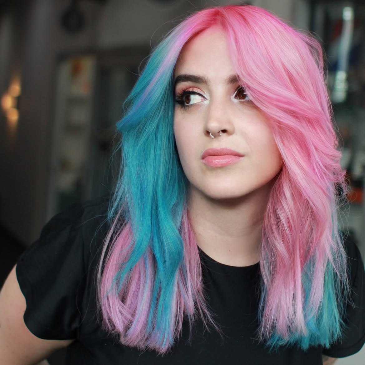 Split Dye Teal and Pink Medium Length Waves