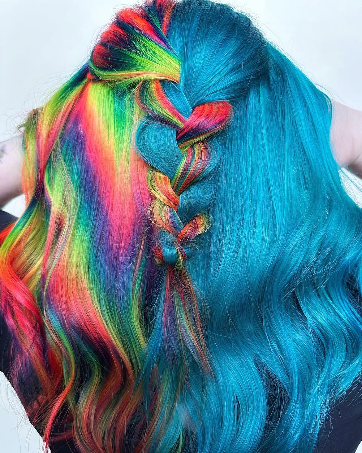 Split Teal and Rainbow Fishtail Braid
