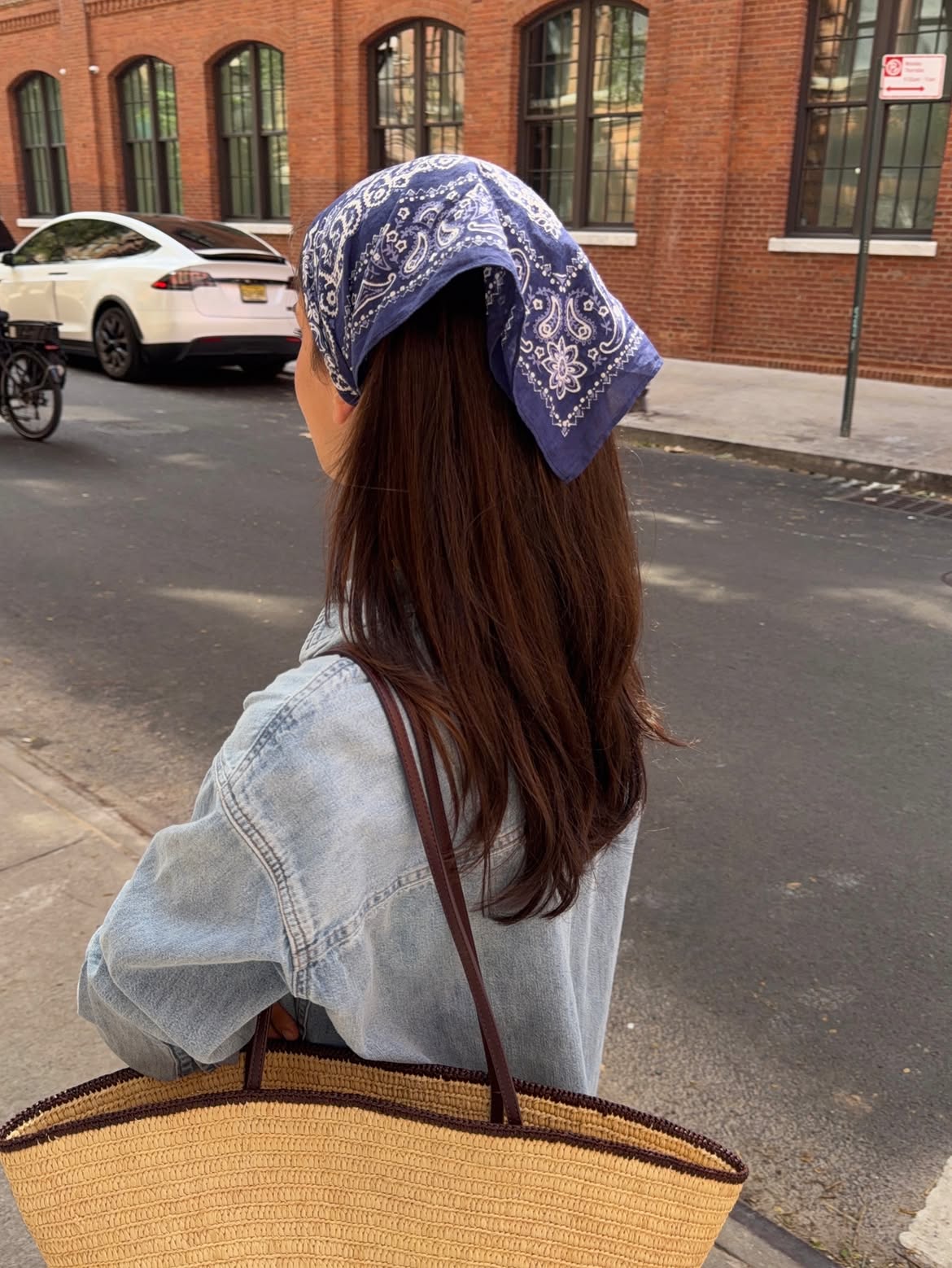 Straight Brunette Hair With Classic Blue Bandana