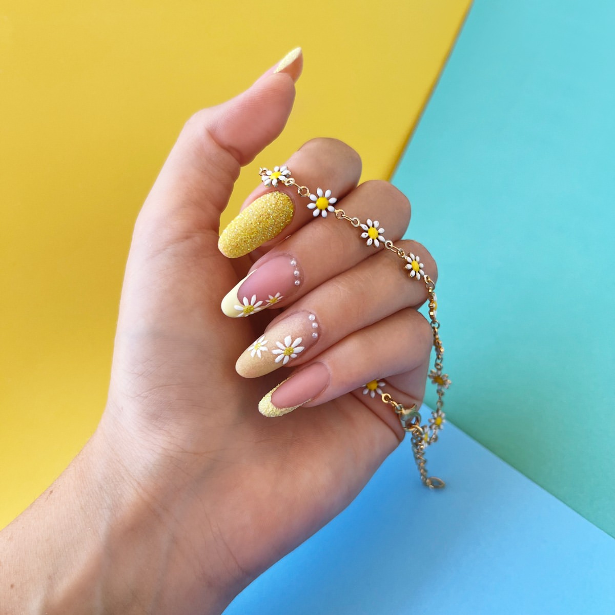 Sunny Daisy French Tip Almond Nails