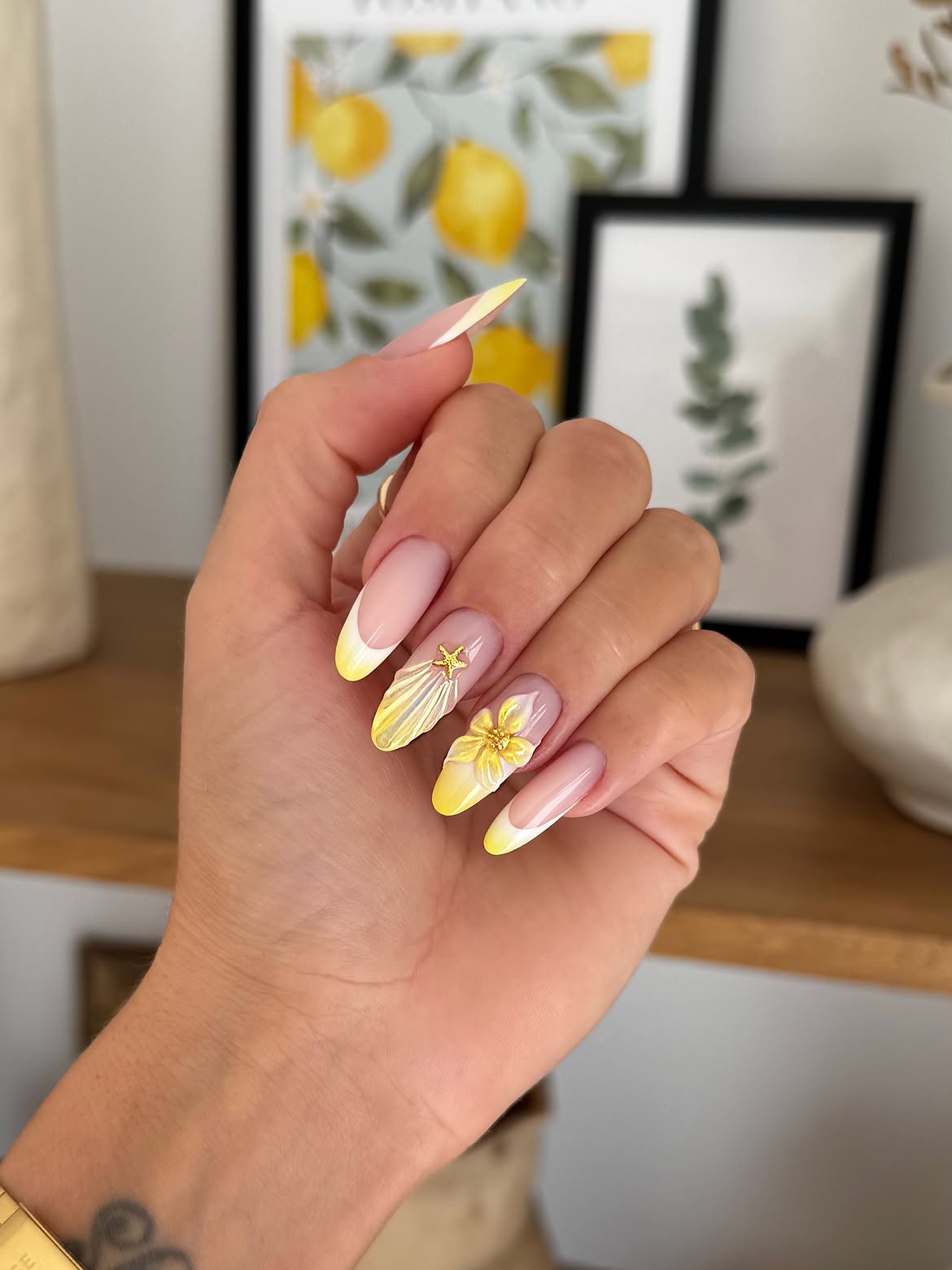 Sunny Yellow French Ombre Almond Nails