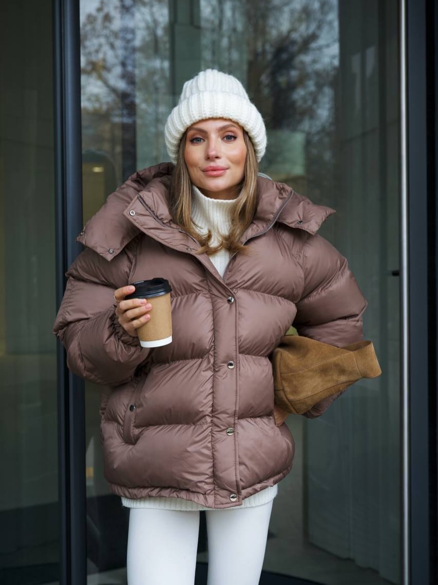 Taupe Puffer Jacket With Chunky White Beanie
