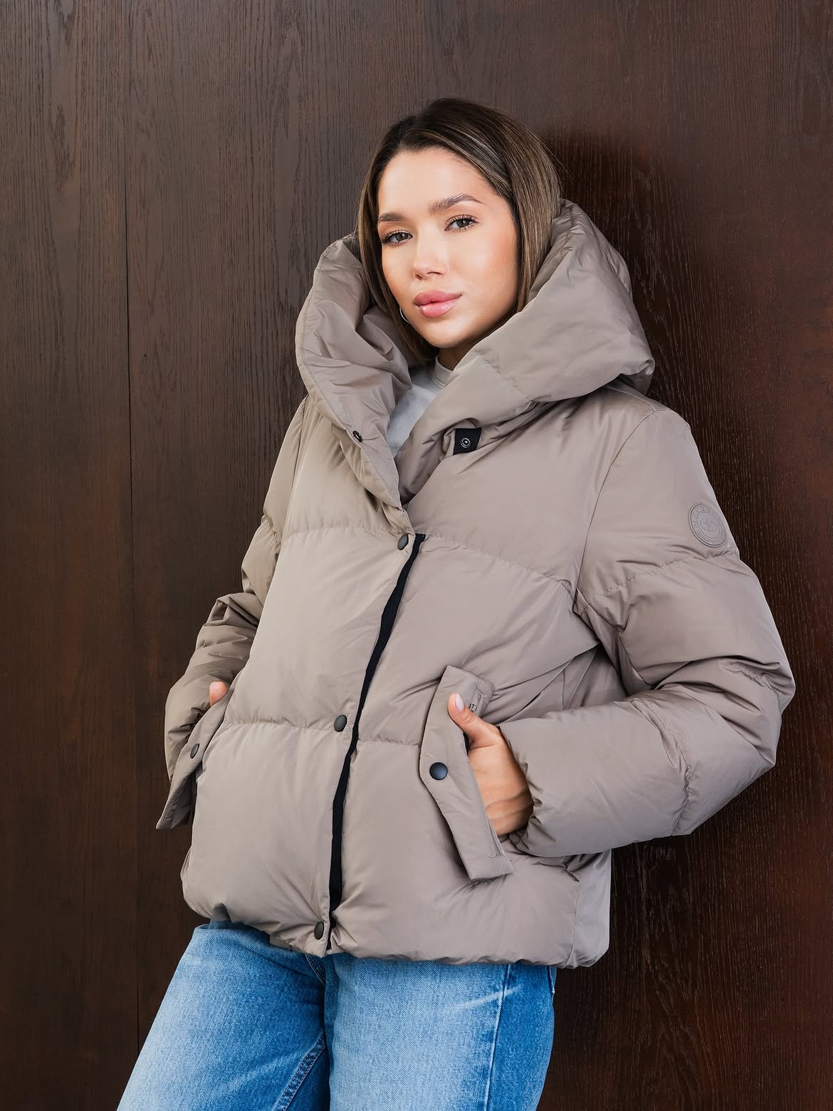 Taupe Puffer Jacket With High Hood And Denim