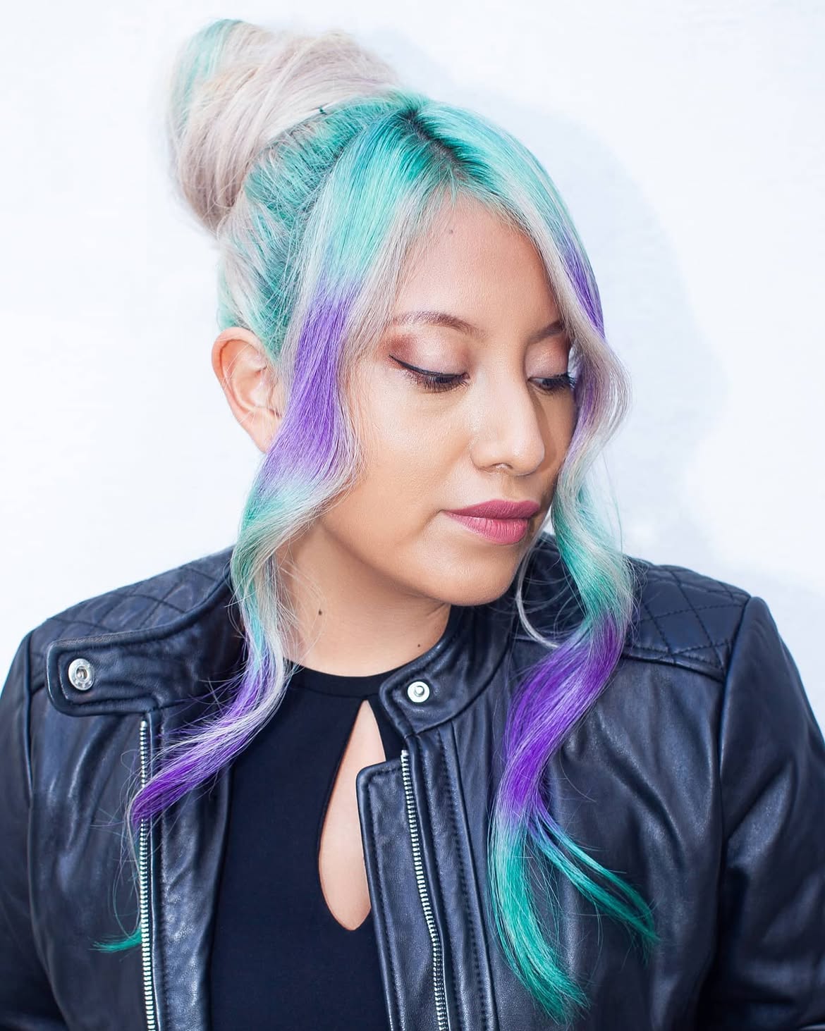 Teal and Purple Swirl High Bun