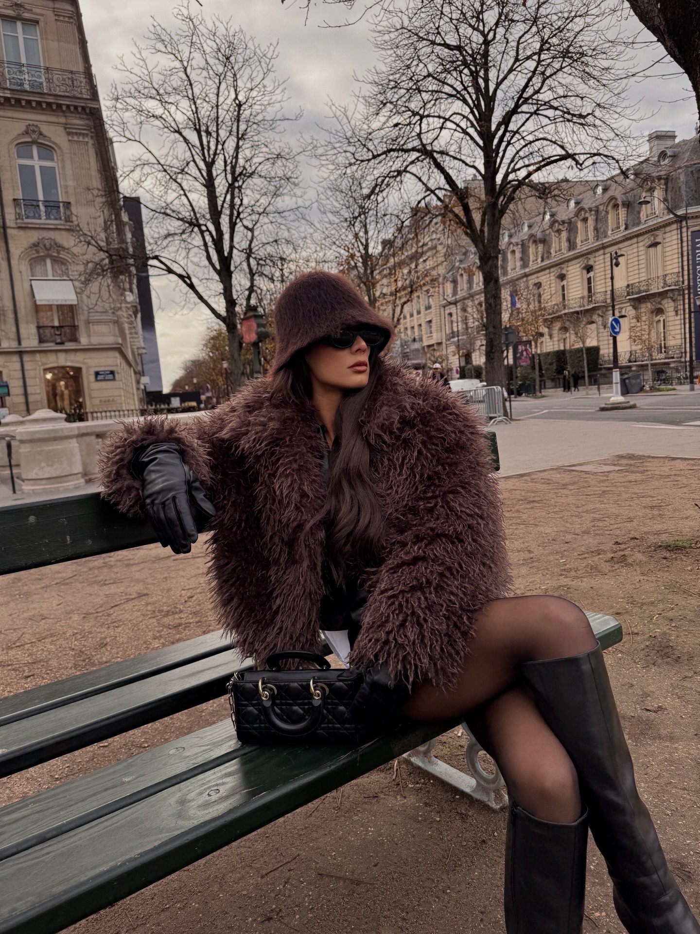 Textured Brown Faux Fur Coat And Knee Boots