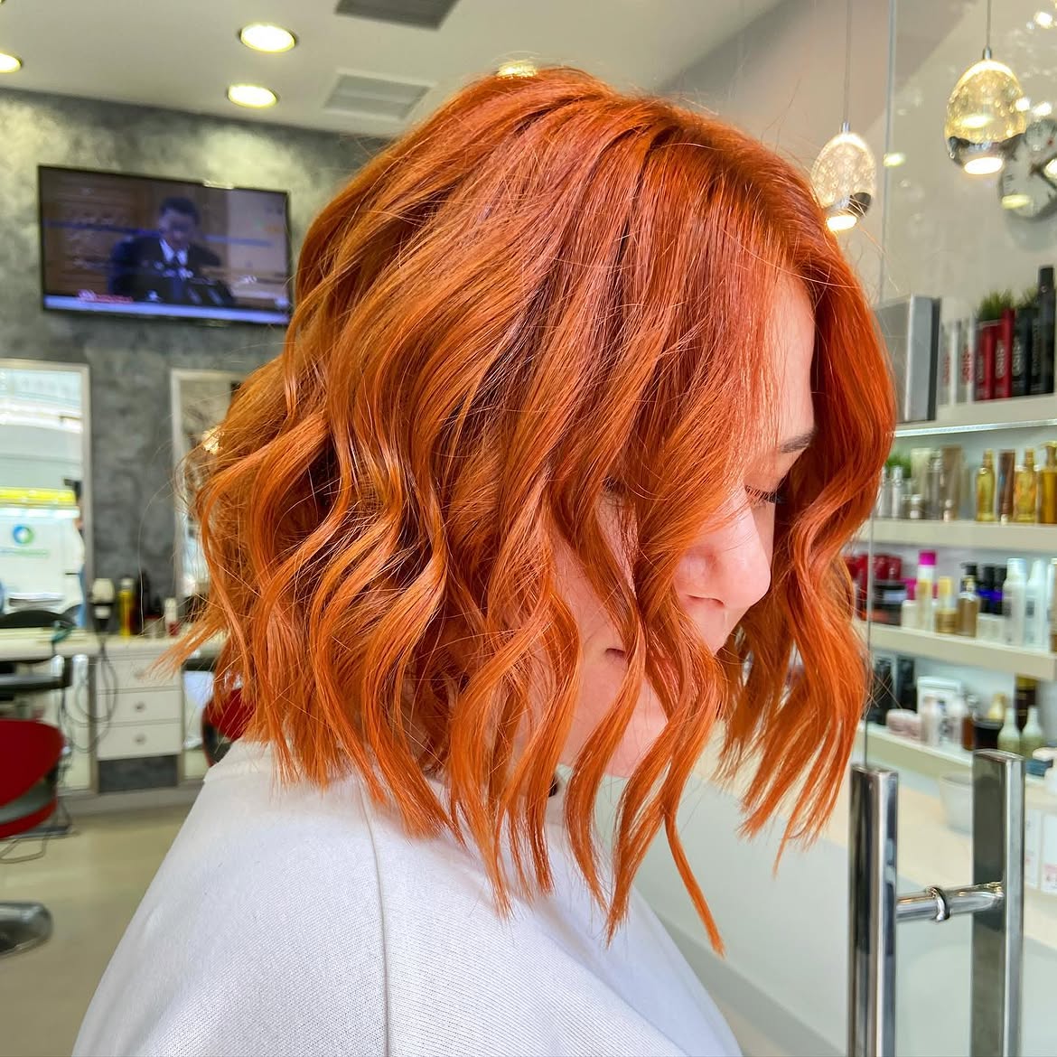 Textured Copper Wavy Lob With Face Framing Layers
