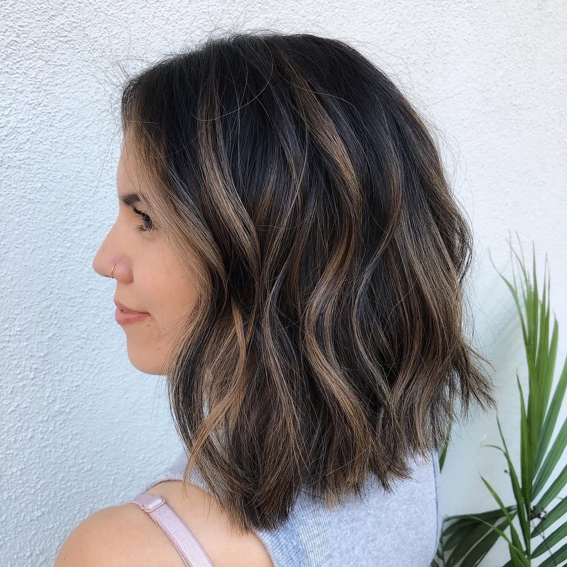 Textured Dark Brunette Bob With Caramel Highlights