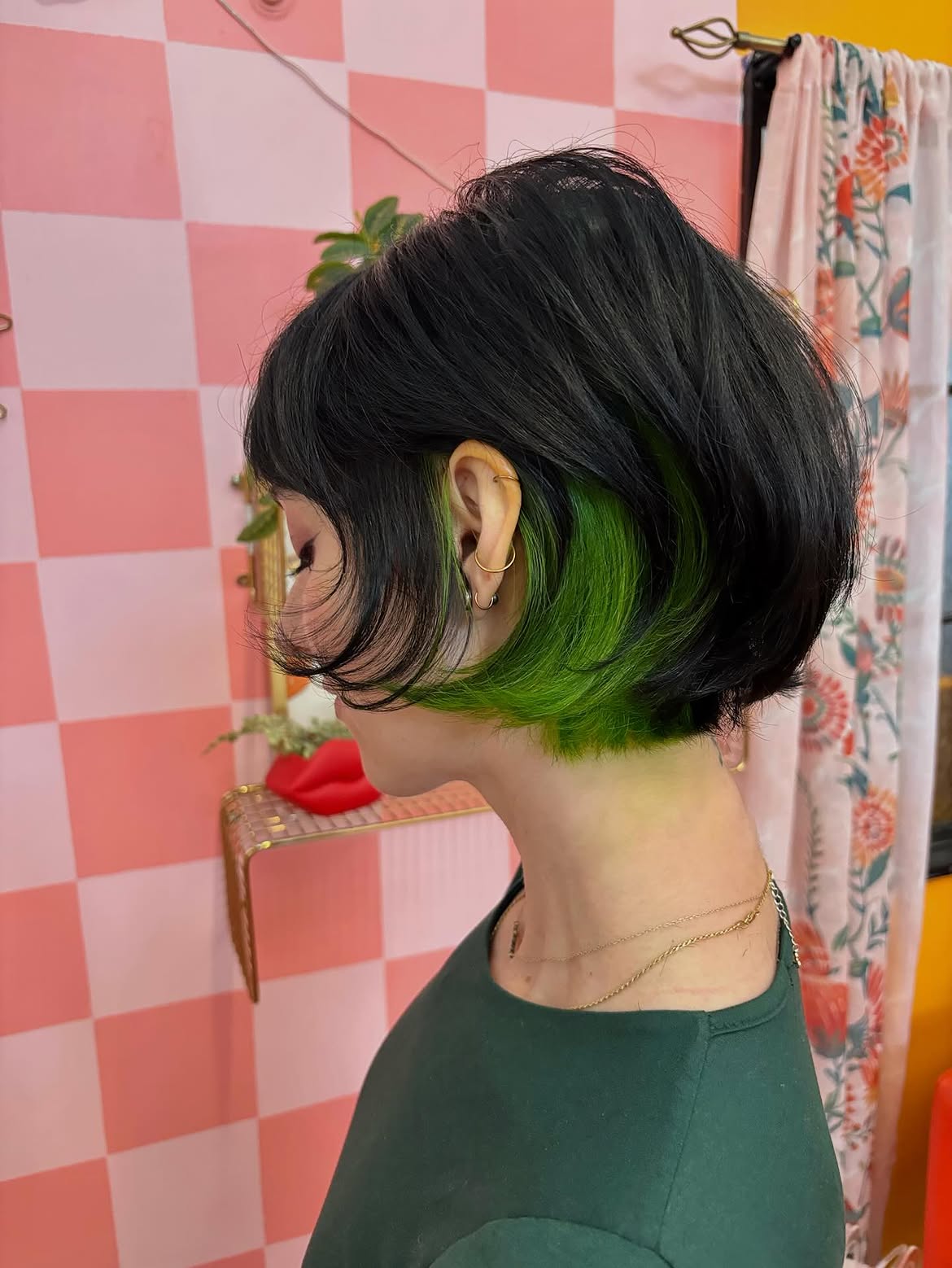 Textured French Bob With Neon Green Peekaboo Highlights