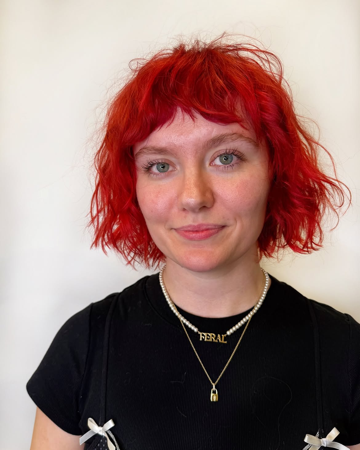 Textured Vibrant Red French Bob With Baby Bangs