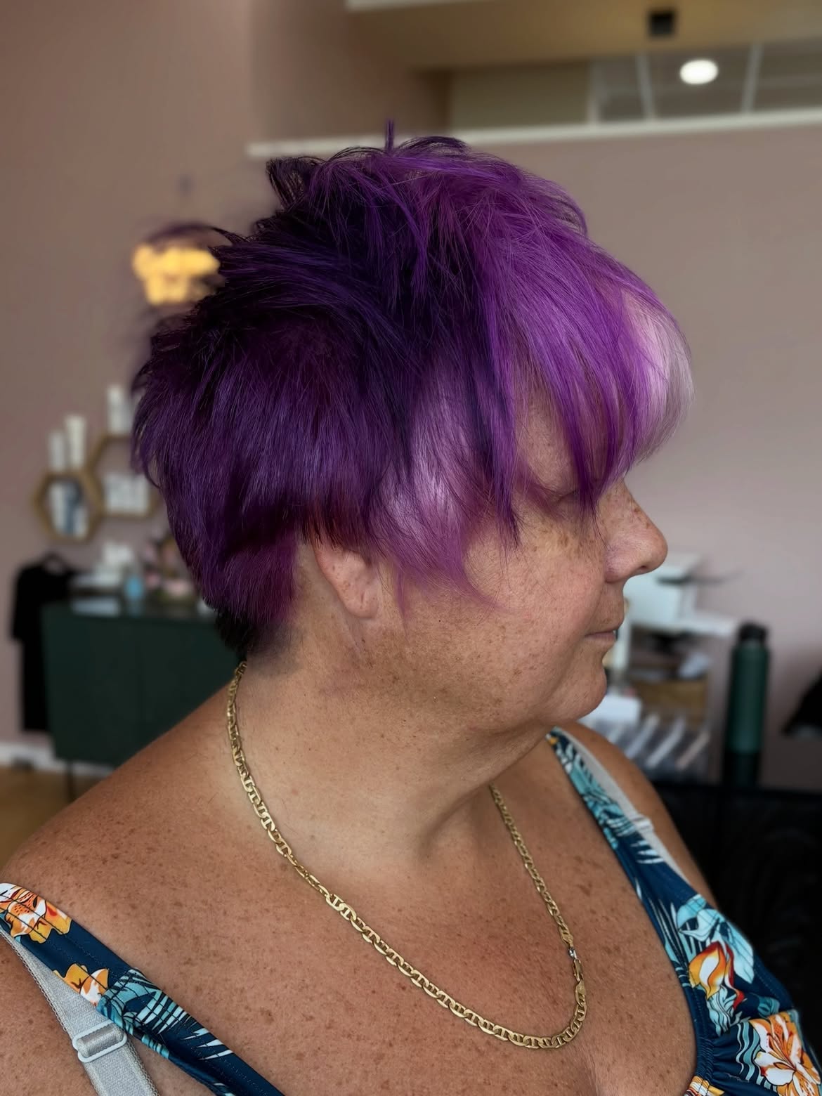 Textured Violet Spiky Pixie With Side Swept Fringe
