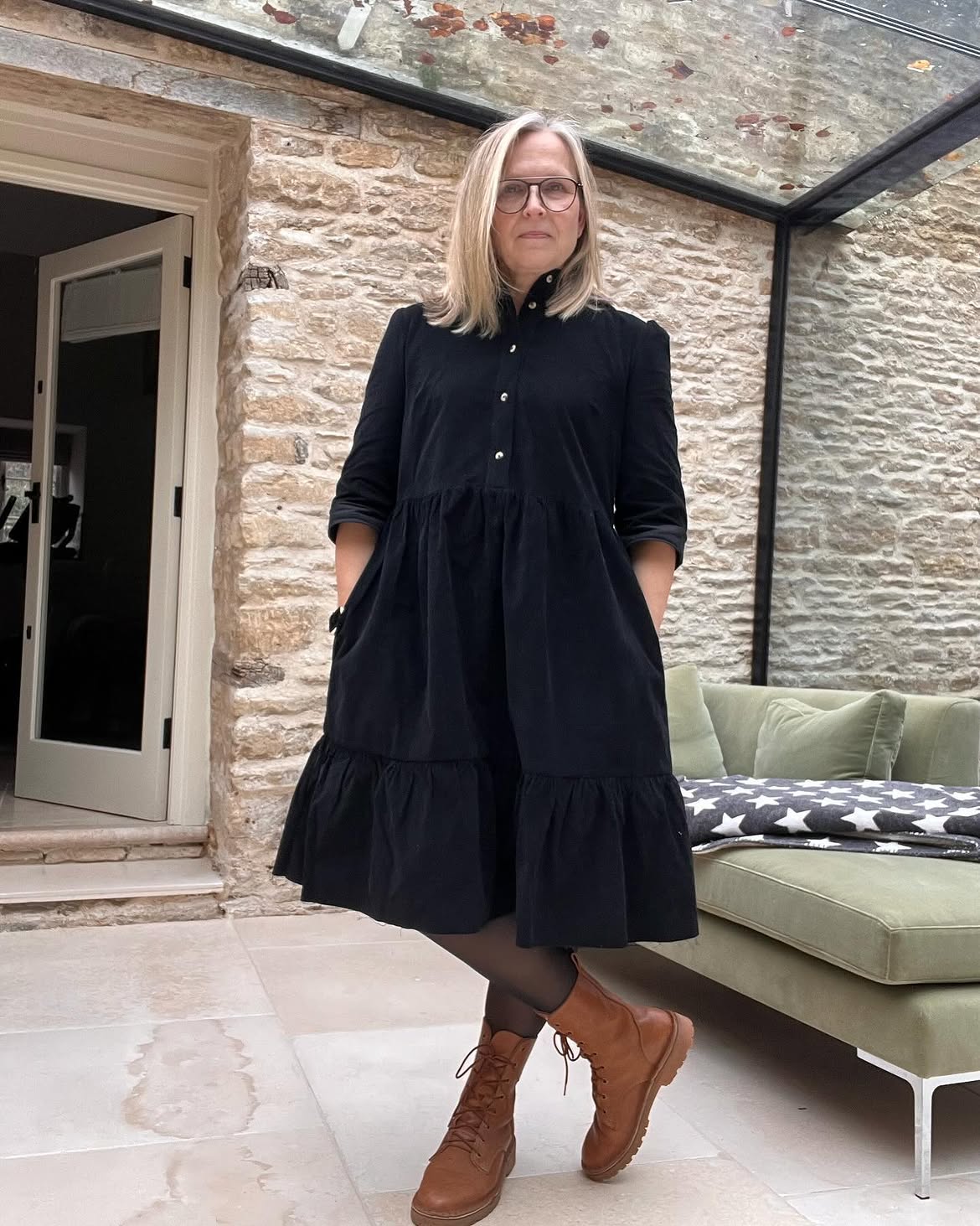 Tiered Black Corduroy Dress With Combat Boots