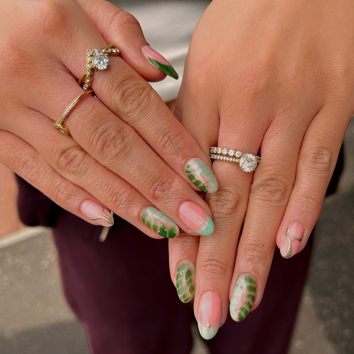 Tropical Leaf French Tip Almond Nails
