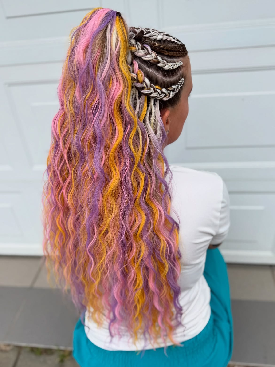Vibrant Candy Colored Braided Ponytail With Waves