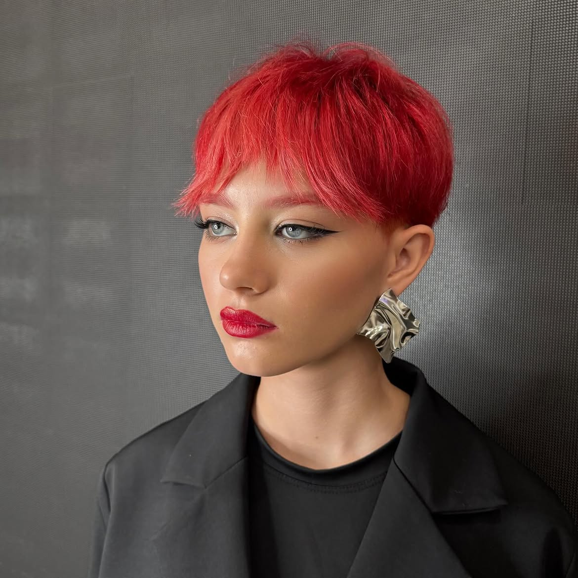 Vibrant Cherry Red Pixie With Textured Bangs