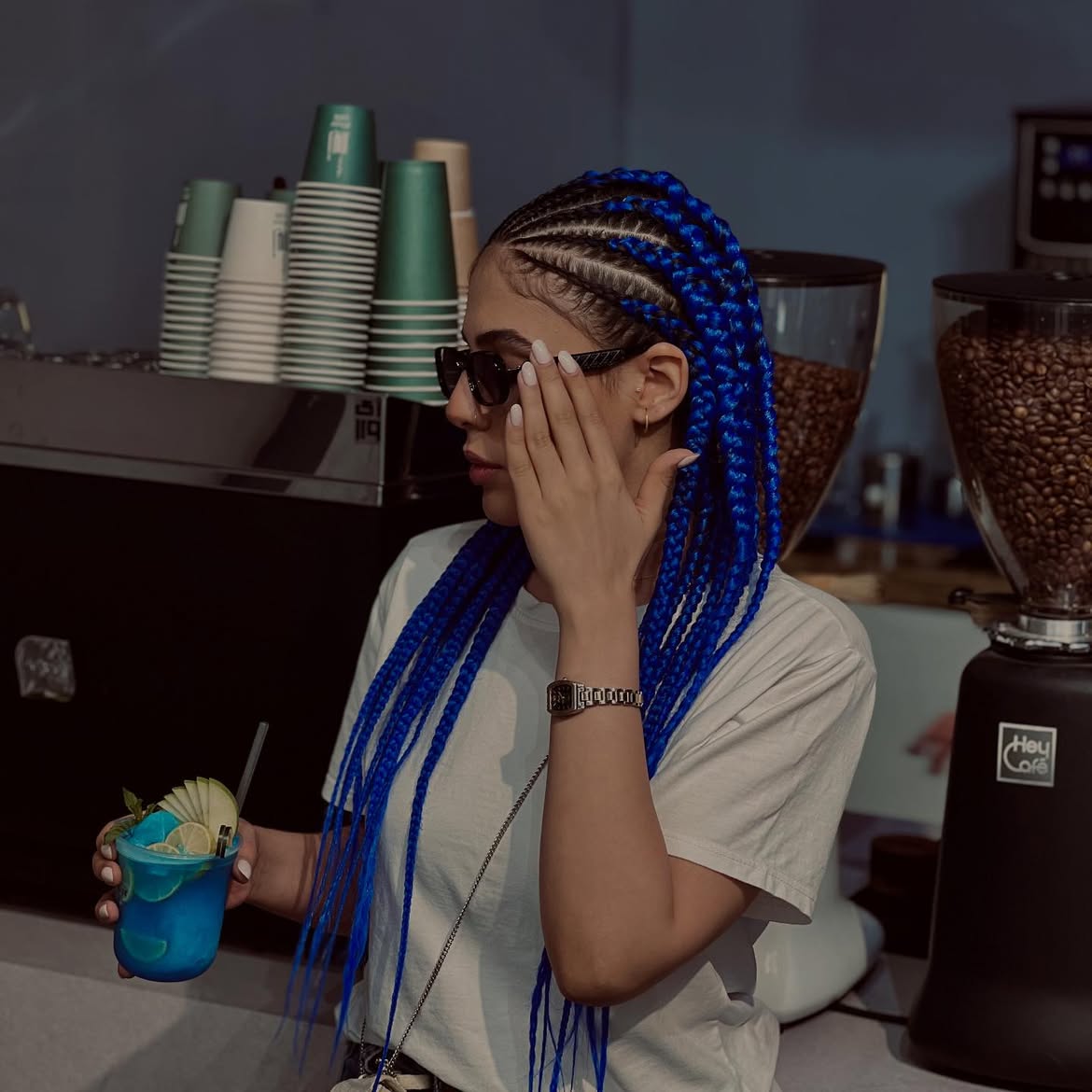 Vibrant Electric Blue Cornrows With Long Braids