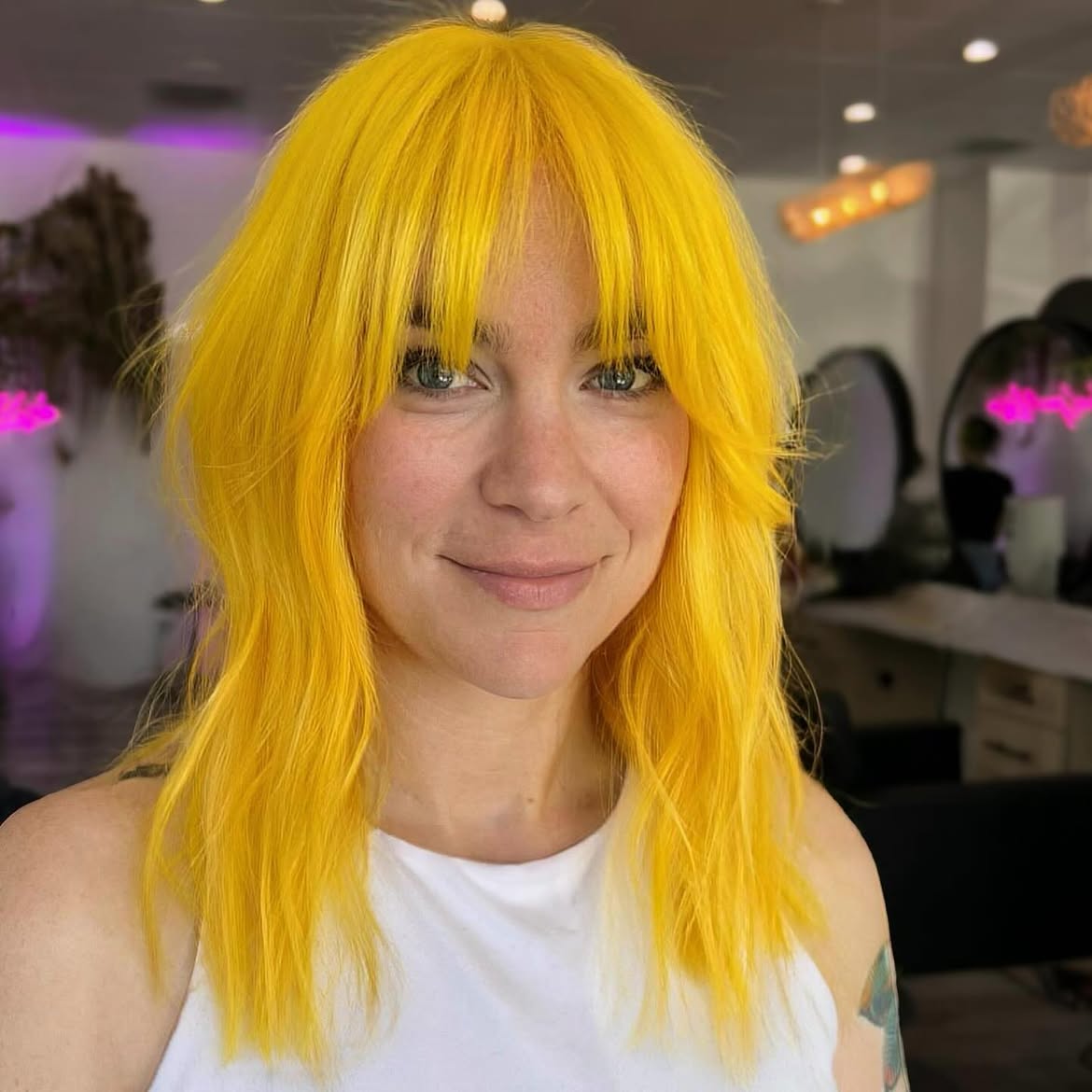 Vibrant Electric Yellow Shag With Wispy Bangs
