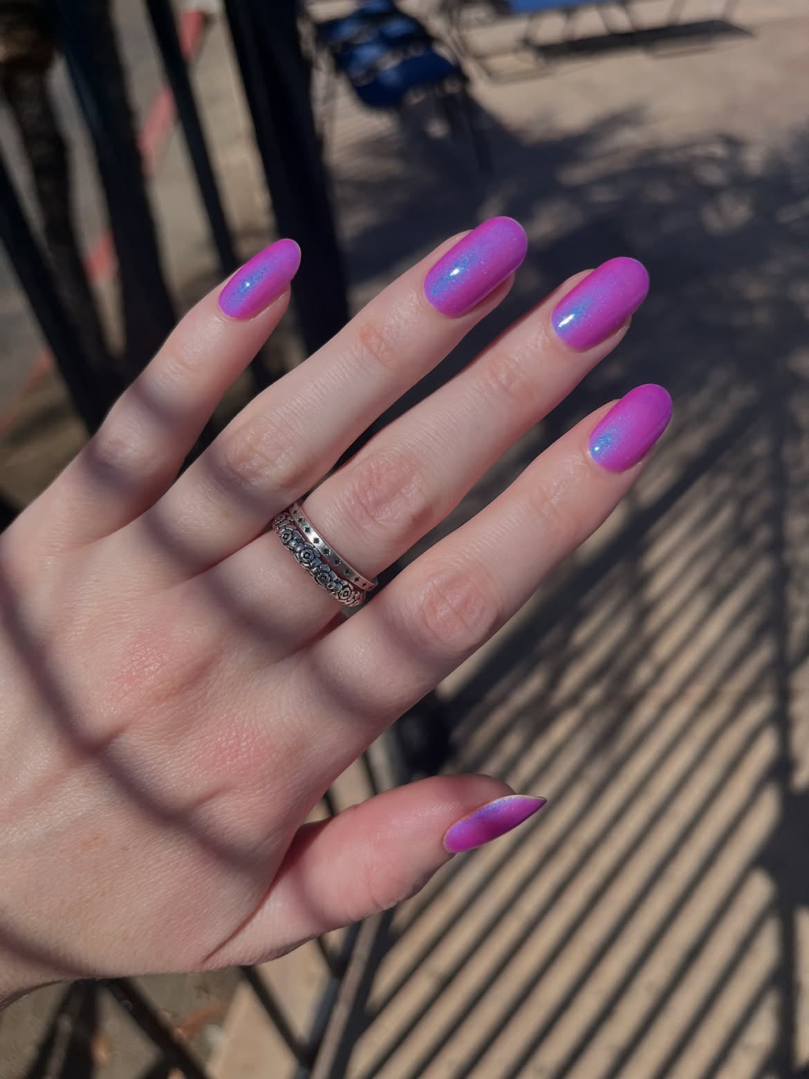 Vibrant Fuchsia And Blue Shimmer Oval Nails