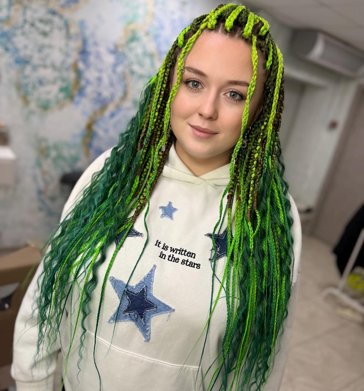 Vibrant Green Braids With Loose Waves