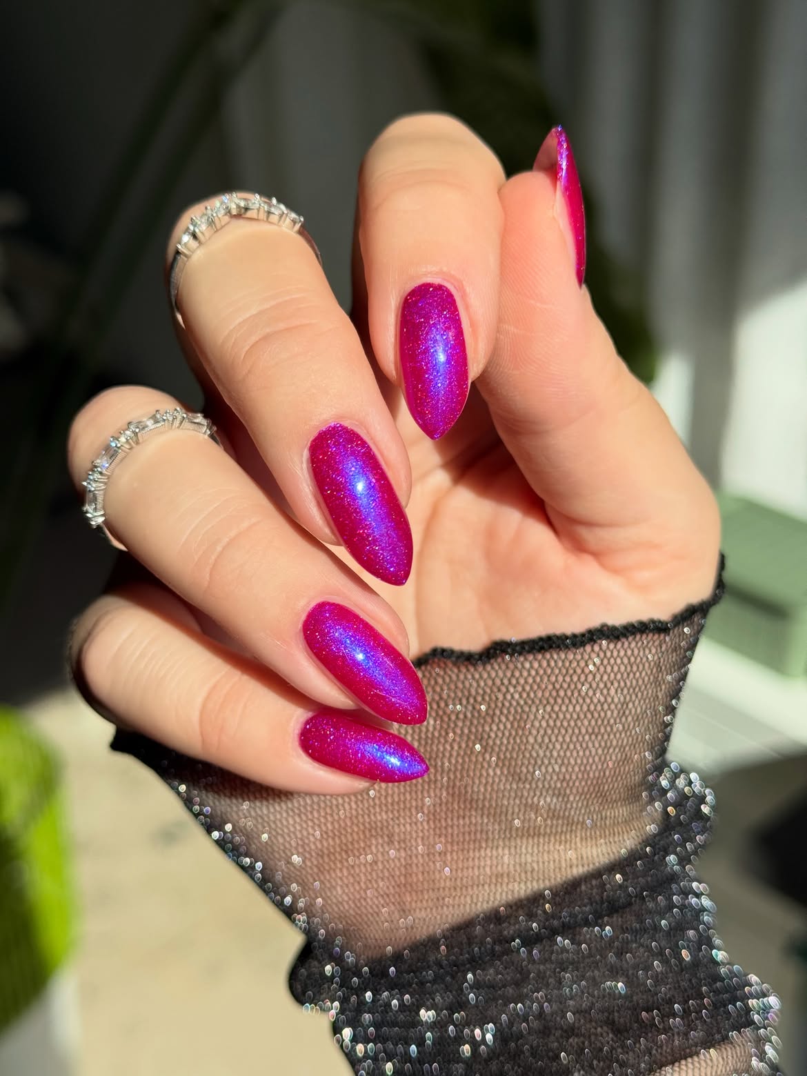 Vibrant Magenta Shimmer Almond Nails