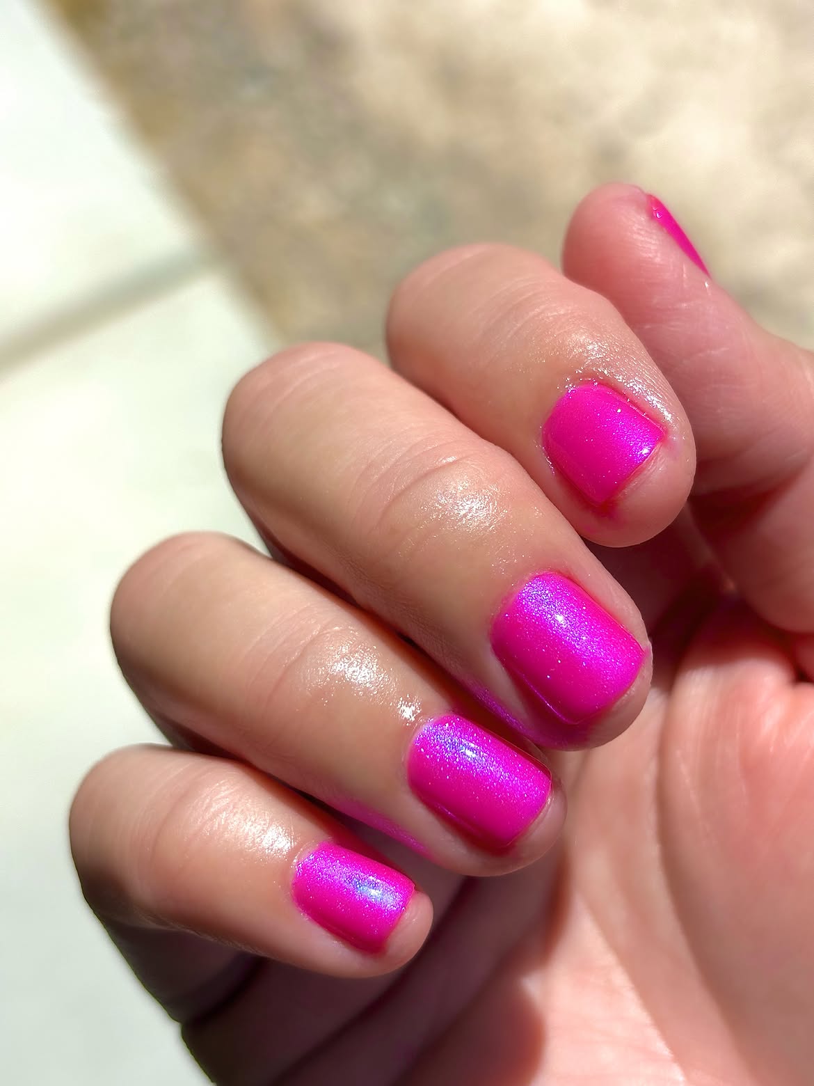 Vibrant Neon Pink Shimmer Short Square Nails