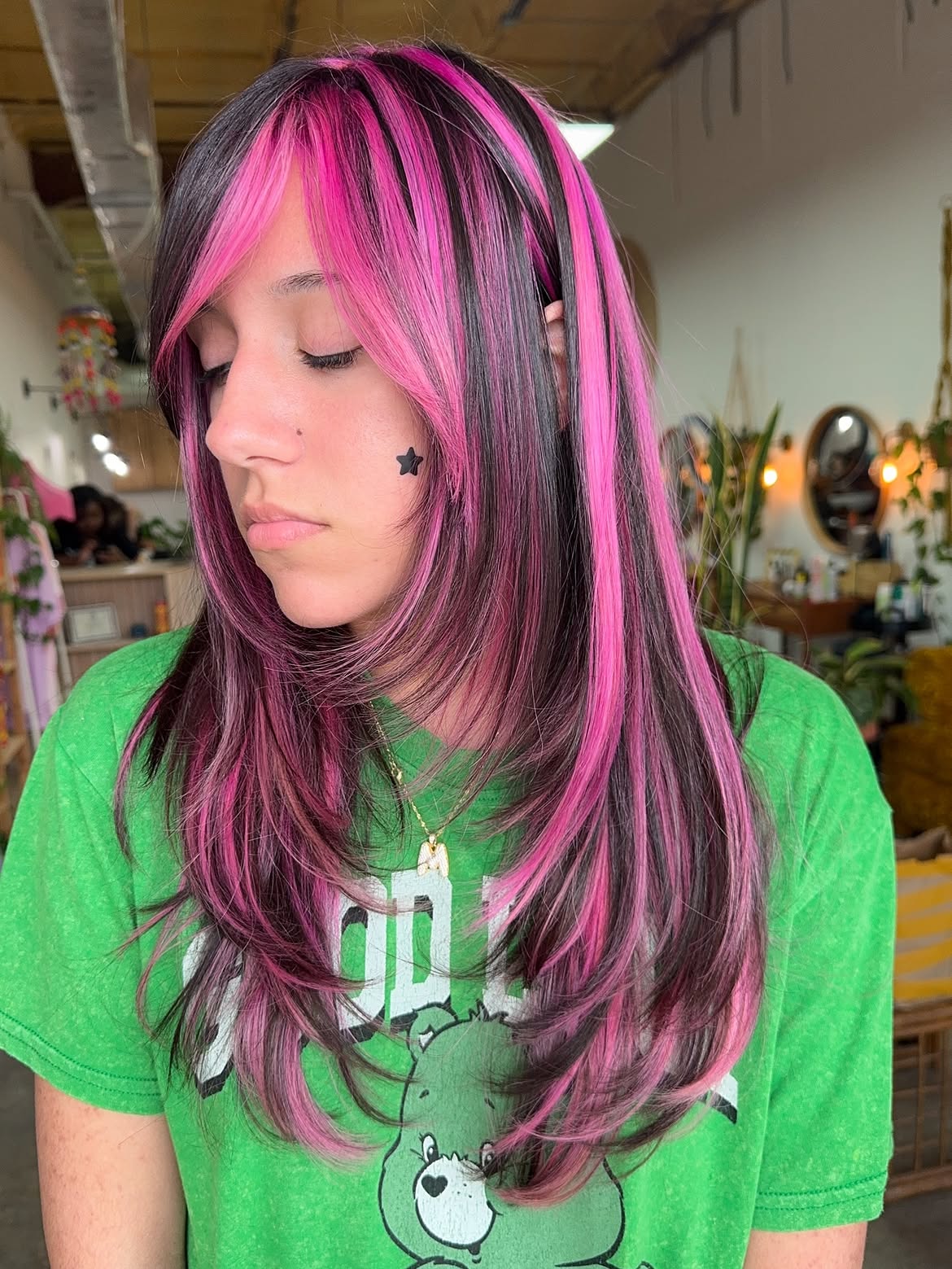 Vibrant Pink And Dark Layered Side Bangs