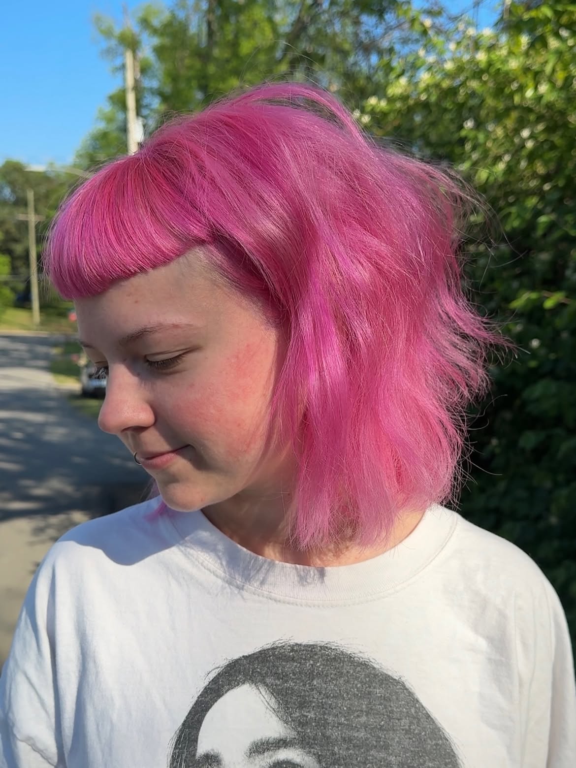 Vibrant Pink Bob With Blunt Baby Bangs