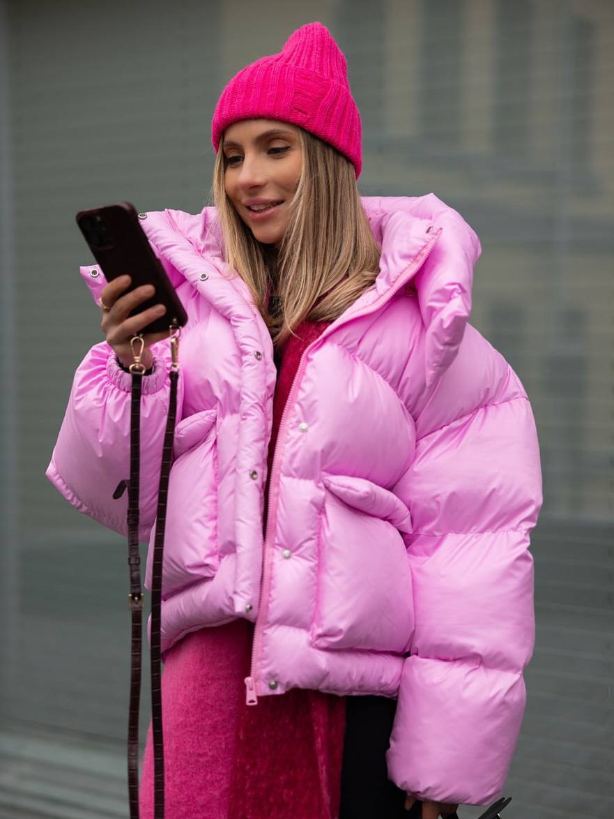Vibrant Pink Puffer Jacket And Matching Beanie Winter Look