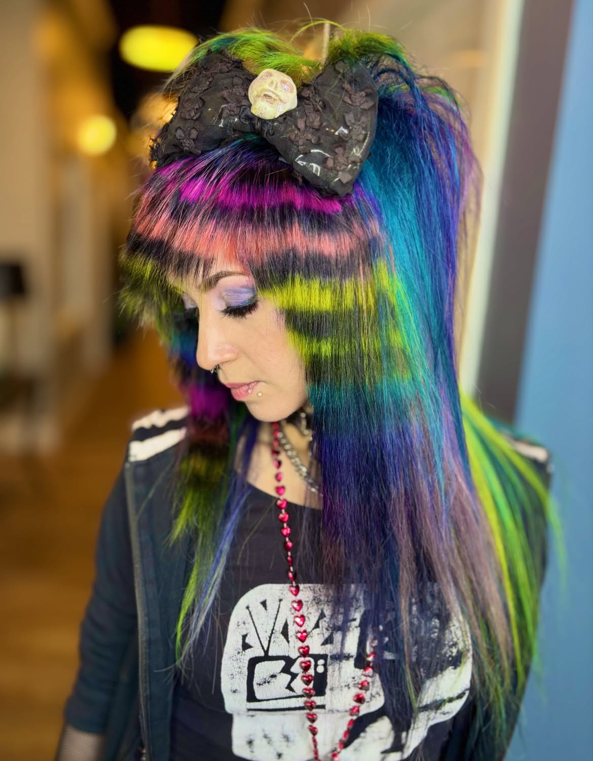 Vibrant Rainbow Striped Shag With Chunky Bangs