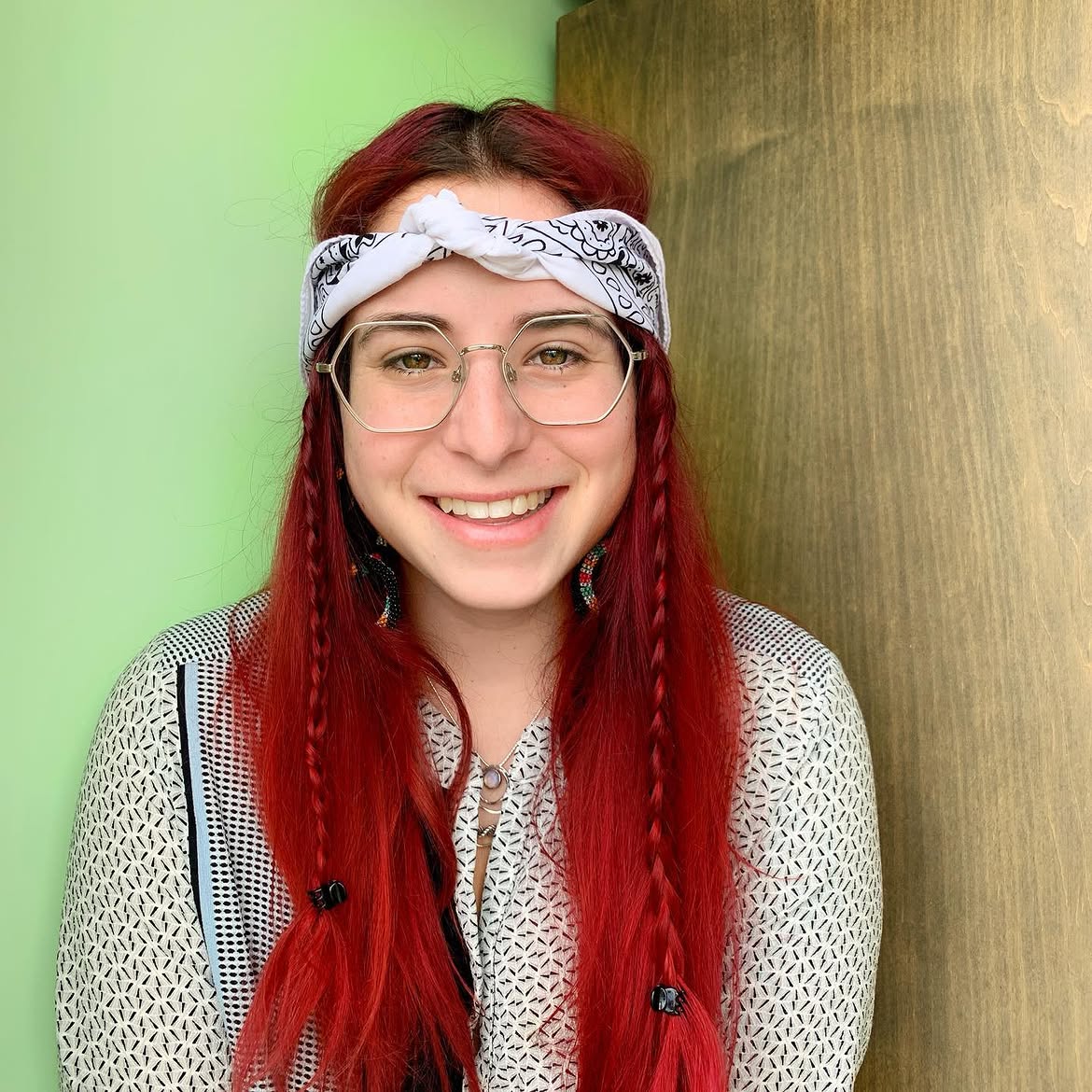 Vibrant Red Hair With Braided Front Pieces And Bandana