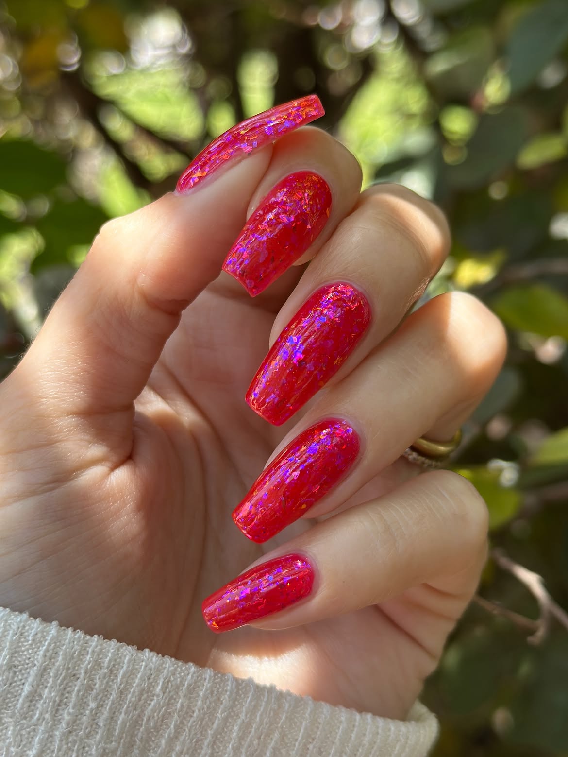 Vibrant Red Jelly Flakie Square Nails